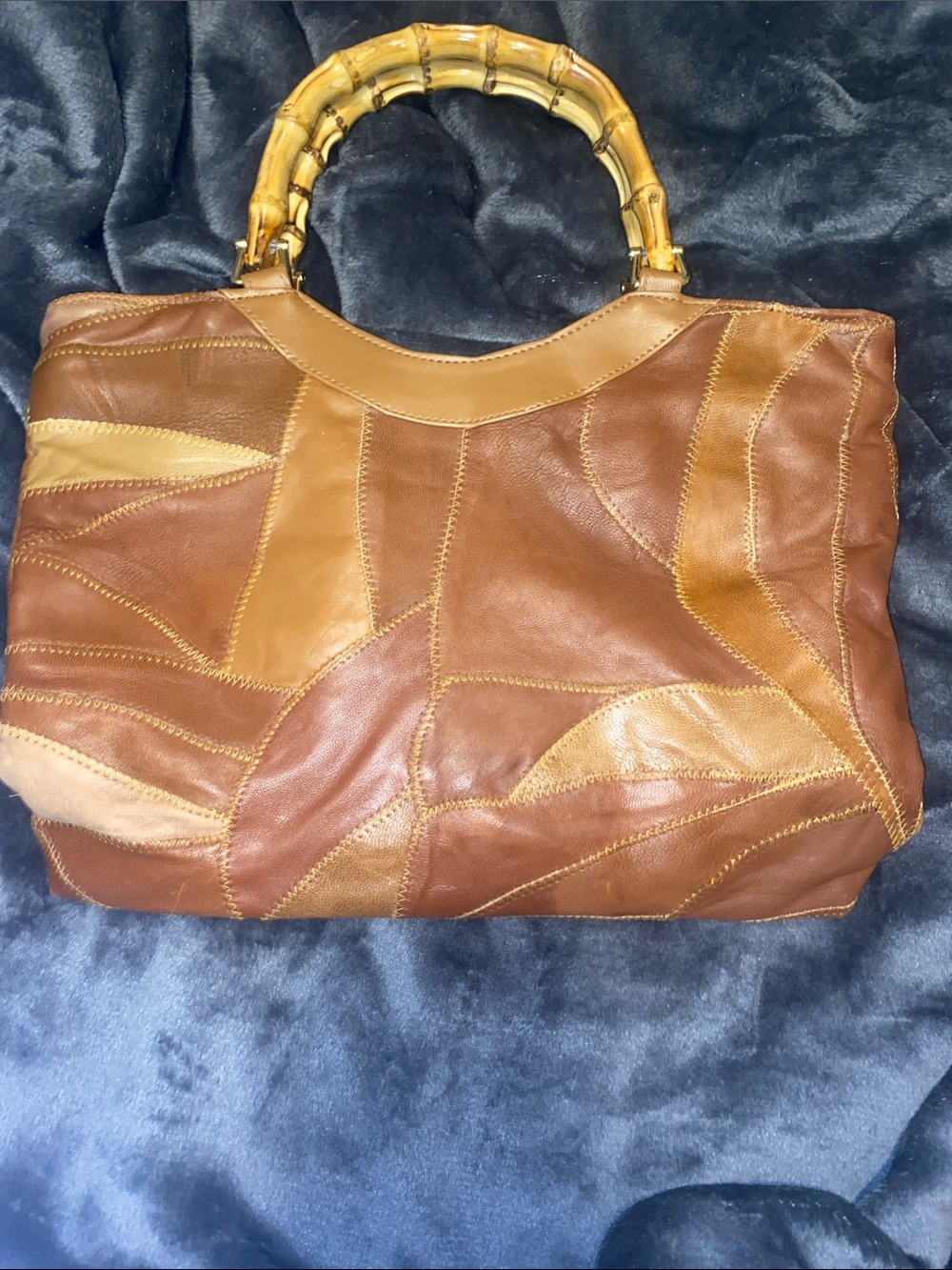 Brown Patchwork Leather Tote with Bamboo Handles